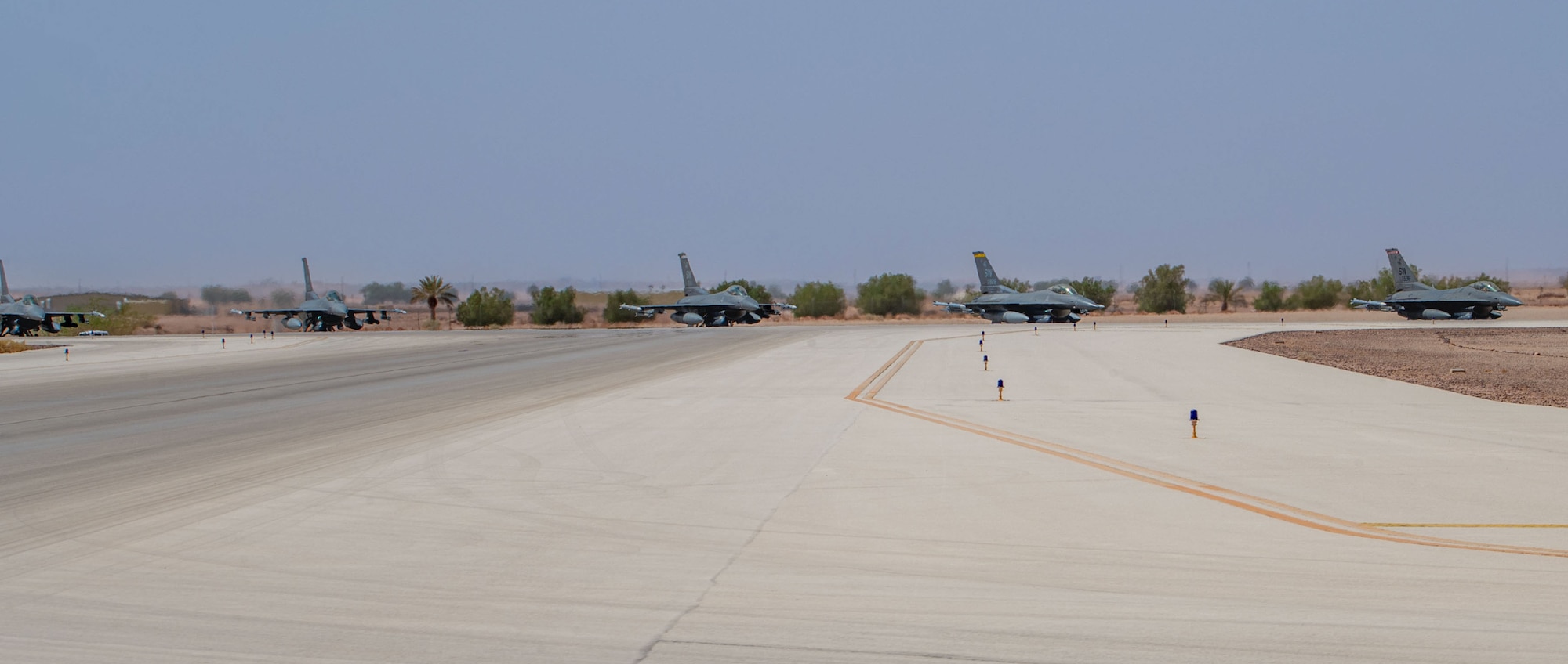 Six U.S. Air Force F-16 Fighting Falcons assigned to the 378th Air Expeditionary Wing’s Mission Generation Force Elements prepare to take off.