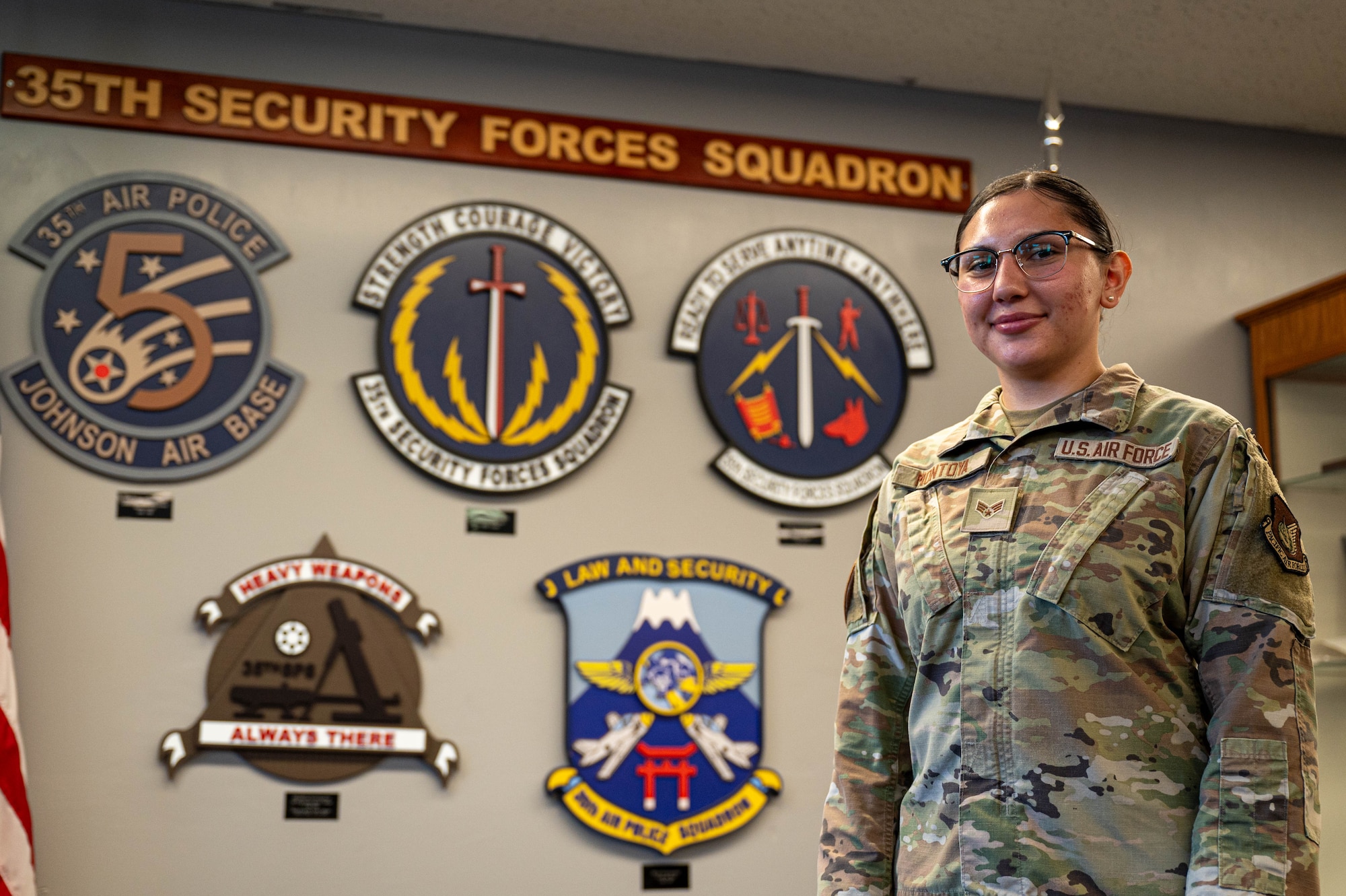 U.S. Air Force Senior Airman Senior Airman Marlinda Montoya, 35th Security Forces Squadron unit training manager, poses for a photo during a Wild Weasel Walk-through at Misawa Air Base, Japan, Aug. 11, 2025.
