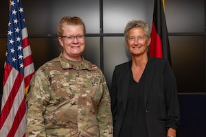 U.S. Air Force Brig. Gen. Adrienne L. Williams, 86th Airlift Wing commander, stands alongside Mrs. Beate Kimmel, Lord Mayor of Kaiserslautern, during a base immersion at Ramstein Air Base, Germany, Aug. 19, 2025.