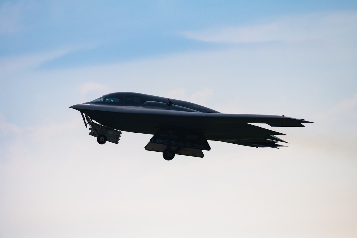 A B-2 Spirit departs Whiteman Air Force Base, Mo., Aug. 19, 2025. The 509th Bomb Wing and its fleet of B-2s serve as part of the U.S. Air Force's conventional and strategic combat force with the capability to project U.S. airpower anywhere around the world. (U.S. Air Force photo by Staff Sgt. Joshua Hastings)