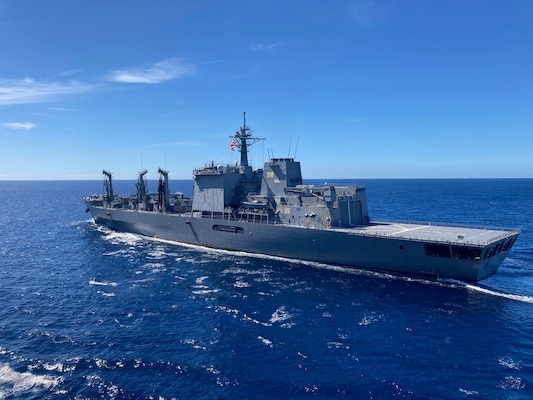 Japan Maritime Self-Defense Force Mashū-class replenishment ship JS Ōmi (AOE-426) breaks away from Military Sealift Command’s commercial charter motor tanker Stena Imperative after a consolidated cargo replenishment at sea west of Kyushu, Japan, Aug. 15, 2025.