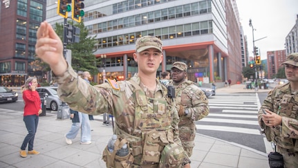 U.S. Army 2nd Lt. Harry Siegel Guard patrols Nationals Park during a baseball game as part of Joint Task Force-DC, Aug. 19, 2025.