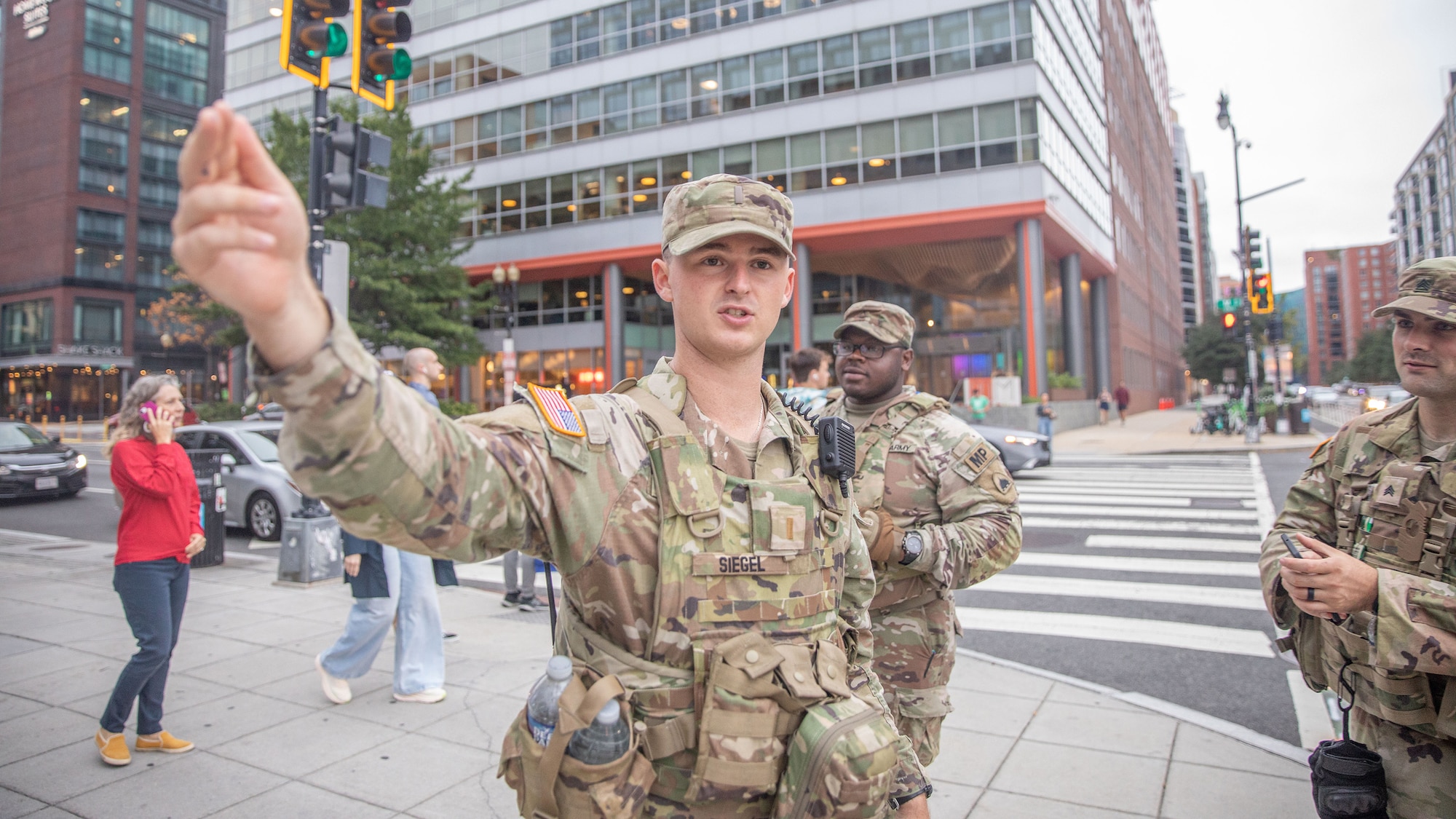 U.S. Army 2nd Lt. Harry Siegel Guard patrols Nationals Park during a baseball game as part of Joint Task Force-DC, Aug. 19, 2025.