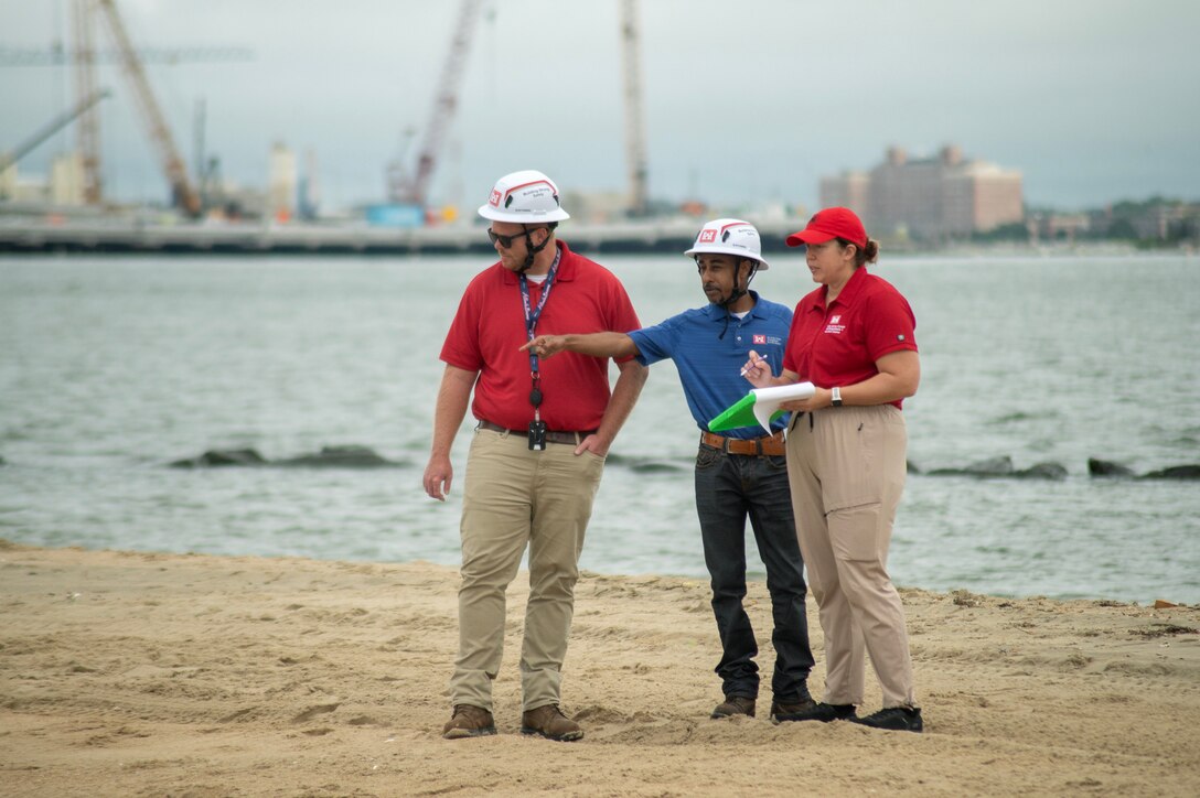 U.S. Army Corps of Engineers, Norfolk District project managers Ryan Frye and Victor Roberts, along with hydraulics and hydrology engineer Ellen Cava, assessed pre-storm conditions at Willoughby Beach in Norfolk, Va. on Aug. 19, 2025. The team also conducted inspections at Resort, Croatan, and Sandbridge beaches in Virginia Beach ahead of Hurricane Erin's projected impacts to the region. (U.S. Army photo by Alysia Rigano)