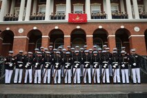 The United States Marine Corps Silent Drill Platoon, Marine Barracks Washington, poses for a photo at the Massachusetts House of Representatives in Boston, Aug. 20, 2025. The appearance is part of Marine Week Boston, a community outreach event that brings Marines to cities across the country to showcase their traditions and capabilities. This year also marks the 250th birthday of the United States Marine Corps, a milestone celebrating two and a half centuries of honor, courage and commitment. (U.S. Marine Corps photo by Lance Cpl. Brynn L. Bouchard)