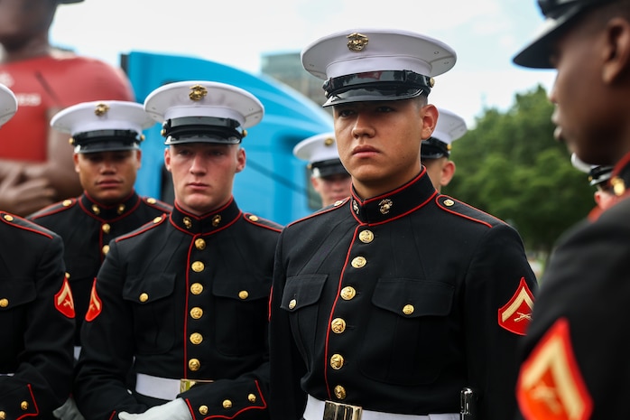 U.S. Marines with the United States Marine Corps Silent Drill Platoon, Marine Barracks Washington, receive a brief at Boston Common in Boston, Aug. 21, 2025. Their presence is part of Marine Week Boston, a community outreach event that brings Marines to cities across the country to showcase their traditions and capabilities. This year also marks the 250th birthday of the United States Marine Corps, a milestone celebrating two and a half centuries of honor, courage and commitment. (U.S. Marine Corps photo by Lance Cpl. Brynn L. Bouchard)