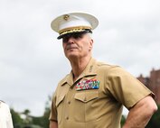 U.S. Marine Corps Gen. Christopher J. Mahoney, assistant commandant of the Marine Corps, prepares for a proclamation to be made by representatives from the City of Boston during the ribbon-cutting ceremony, symbolizing the kick-off Marine Week Boston at Boston Common in Boston, Aug. 21, 2025. The event marks the beginning of Marine Week Boston, a community outreach initiative that brings Marines to cities across the country to showcase their traditions and capabilities. This year also celebrates the 250th birthday of the United States Marine Corps, honoring two and a half centuries of service and sacrifice. (U.S. Marine Corps photo by Lance Cpl. Brynn L. Bouchard)
