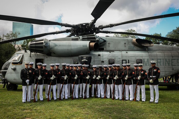 The United States Marine Corps Silent Drill Platoon with Marine Barracks Washington, poses for a photo at Boston Common in Boston, Aug. 21, 2025. Their presence is part of Marine Week Boston, a community outreach event that brings Marines to cities across the country to showcase their traditions and capabilities. This year also marks the 250th birthday of the United States Marine Corps, a milestone celebrating two and a half centuries of honor, courage and commitment. (U.S. Marine Corps photo by Lance Cpl. Brynn L. Bouchard)