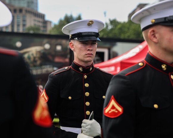 U.S. Marine Corps Lance Cpl. Trey Earls, a rifleman with the United States Marine Corps Silent Drill Platoon, Marine Barracks Washington, stands in formation at Boston Common in Boston, Aug. 21, 2025. The Marines' attendance is part of Marine Week Boston, a community outreach event that brings Marines to cities across the country to showcase their traditions and capabilities. This year also marks the 250th birthday of the United States Marine Corps, a milestone celebrating two and a half centuries of honor, courage and commitment. (U.S. Marine Corps photo by Lance Cpl. Brynn L. Bouchard)