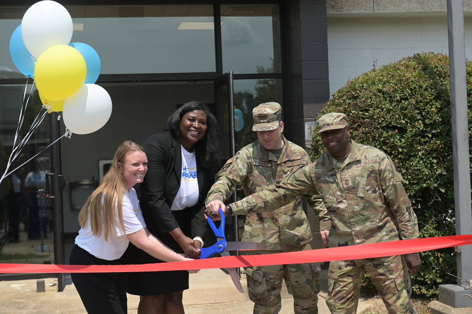Columbus Air Force Base leaders and Starbase officials cut a ribbon during the grand opening of the Starbase education facility on August 20, 2025 at Columbus Air Force Base, Mississippi.