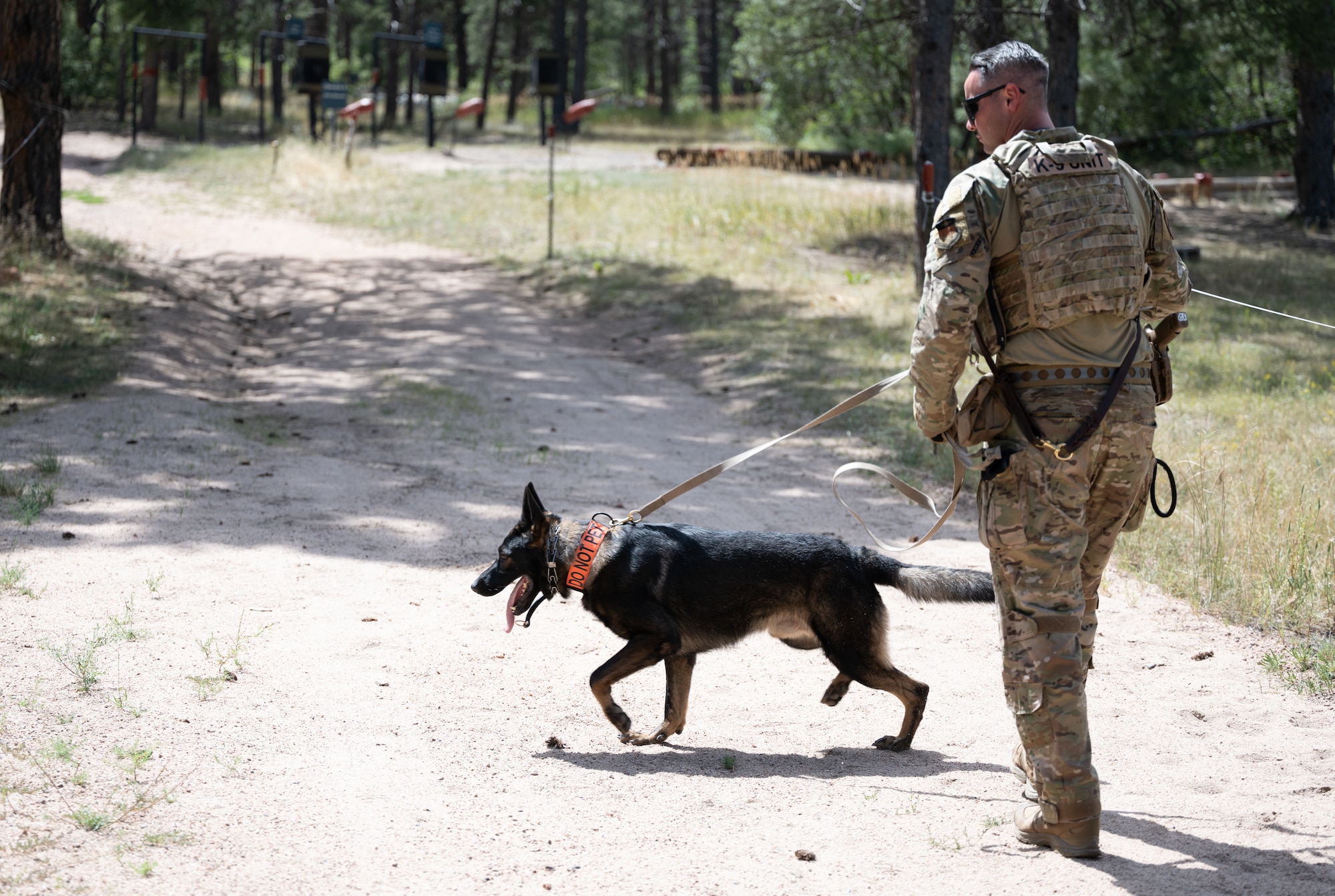 Staff Sgt. English leads Eper on a trail that is simulated to have explosives.