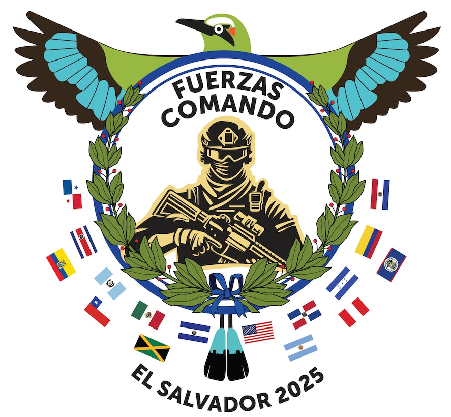 Logo with a drawn military personnel in the middle. Logo is surrounded by flags of participating nations including Argentina, Belize, Chile, Colombia, Costa Rica, Dominican Republic, Ecuador, El Salvador, Guatemala, Honduras, Jamaica, Mexico, Panama, Paraguay, Peru, and the United States.