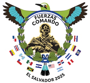 Logo with a drawn military personnel in the middle. Logo is surrounded by flags of participating nations including Argentina, Belize, Chile, Colombia, Costa Rica, Dominican Republic, Ecuador, El Salvador, Guatemala, Honduras, Jamaica, Mexico, Panama, Paraguay, Peru, and the United States.