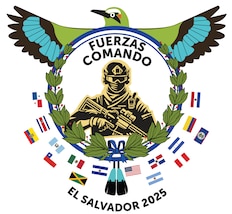 Logo with a drawn military personnel in the middle. Logo is surrounded by flags of participating nations including Argentina, Belize, Chile, Colombia, Costa Rica, Dominican Republic, Ecuador, El Salvador, Guatemala, Honduras, Jamaica, Mexico, Panama, Paraguay, Peru, and the United States.