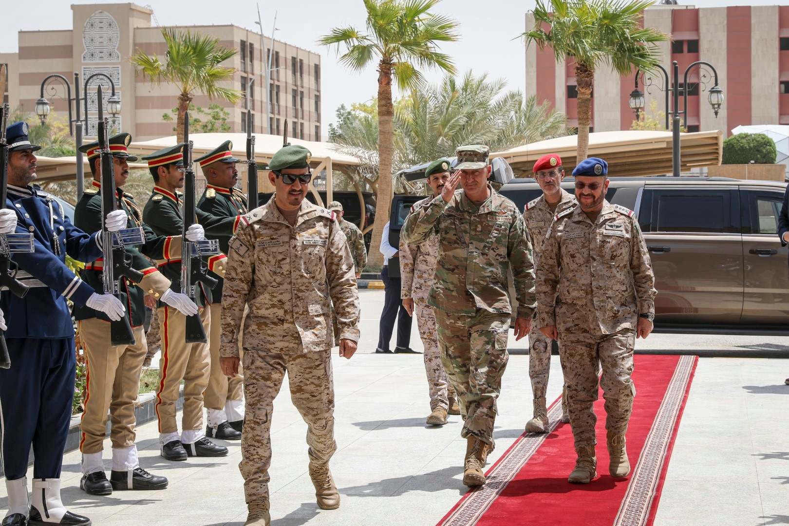 Air Force Gen. Steve Nordhaus, chief, National Guard Bureau, joins Gen. Fayyad Al-Ruwaili, chief of general staff, Saudi Arabian Armed Forces; Army Maj. Gen. Thomas Mancino, Oklahoma’s adjutant general; Army Brig. Gen. Lawrence Muennich, Indiana’s adjutant general, and senior enlisted leaders for a ceremony to formalize the Kingdom of Saudi Arabia’s entry into the 115-nation Department of Defense National Guard Bureau State Partnership Program, Riyadh, Saudi Arabia, Aug. 21, 2025.