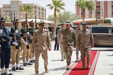 Air Force Gen. Steve Nordhaus, chief, National Guard Bureau, joins Gen. Fayyad Al-Ruwaili, chief of general staff, Saudi Arabian Armed Forces; Army Maj. Gen. Thomas Mancino, Oklahoma’s adjutant general; Army Brig. Gen. Lawrence Muennich, Indiana’s adjutant general, and senior enlisted leaders for a ceremony to formalize the Kingdom of Saudi Arabia’s entry into the 115-nation Department of Defense National Guard Bureau State Partnership Program, Riyadh, Saudi Arabia, Aug. 21, 2025.