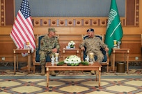 Air Force Gen. Steve Nordhaus, chief, National Guard Bureau, joins Gen. Fayyad Al-Ruwaili, chief of general staff, Saudi Arabian Armed Forces; Army Maj. Gen. Thomas Mancino, Oklahoma’s adjutant general; Army Brig. Gen. Lawrence Muennich, Indiana’s adjutant general, and senior enlisted leaders for a ceremony to formalize the Kingdom of Saudi Arabia’s entry into the 115-nation Department of Defense National Guard Bureau State Partnership Program, Riyadh, Saudi Arabia, Aug. 21, 2025.