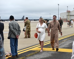 Friends and family welcome home members of the 914th Air Refueling Wing, Aug. 20, 2025, at the Niagara Falls Air Reserve Station, New York, following a four-month deployment overseas supporting global operations.
