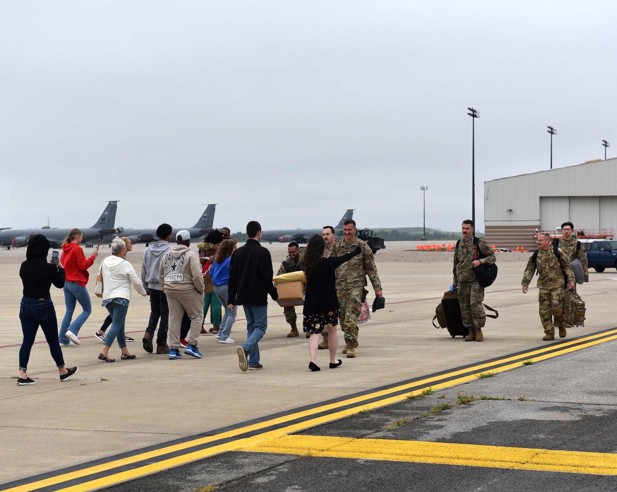 Friends and family welcome home members of the 914th Air Refueling Wing, Aug. 20, 2025, at the Niagara Falls Air Reserve Station, New York, following a four-month deployment overseas supporting global operations.