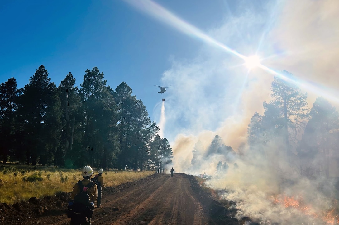 Three guardsmen stand on a dirt road and observed a helicopter dropping water from a bucket onto a smoky fire to the right with trees lining a field to the left.