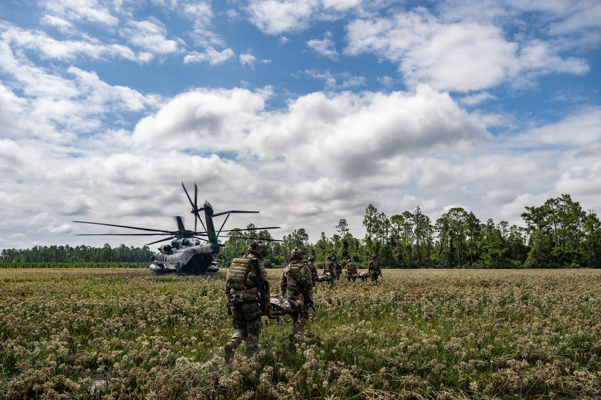 Servicemembers from the 23rd Wing and Marine aviation units held a joint combat search and rescue task force (CSARTF) exercise on Aug. 7, 2025, at Moody Air Force Base’s new Kight Training Range.