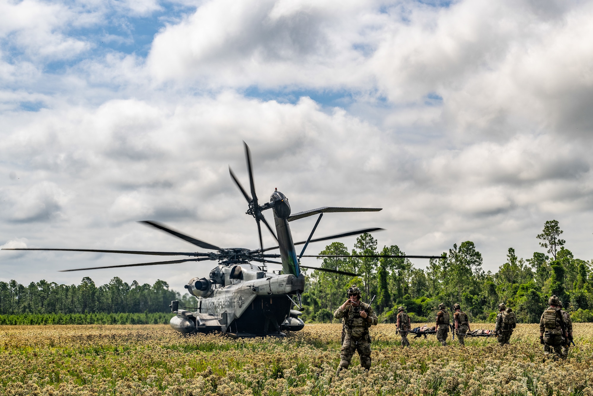 Servicemembers from the 23rd Wing and Marine aviation units held a joint combat search and rescue task force (CSARTF) exercise on Aug. 7, 2025, at Moody Air Force Base’s new Kight Training Range.