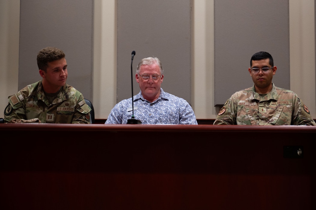 Shane Taiclet, honorary commander, participates in a mock trial during the Wing Staff Agency immersion at the judge advocate court room inside the Norma Brown building, Goodfellow Air Force Base, Texas, Aug. 21, 2025. The mock trial was held to help honorary commanders understand how violations of the Uniform Code of Military Justice are treated in a military-style court. (U.S. Air Force photo by Airman 1st Class Brian Lummus)