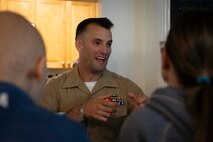 U.S. Marine Corps Capt. Christian Concessi, an infantry officer with Special Purpose Marine-Air Ground Task Force-250, speaks to volunteers and residents at Christopher’s Haven, a temporary home for families and children receiving cancer treatment, during Marine Week Boston, Aug. 21, 2025. Marine Week Boston provides an opportunity for the Marine Corps to celebrate its 250th Birthday and connect with the community to show support while Christopher's Haven provides a supportive community of temporary apartments for families of children undergoing cancer treatment at nearby hospitals. Concessi is a native of Wakefield, Mass. (U.S. Marine Corps photo by Cpl. Vincent Needham)