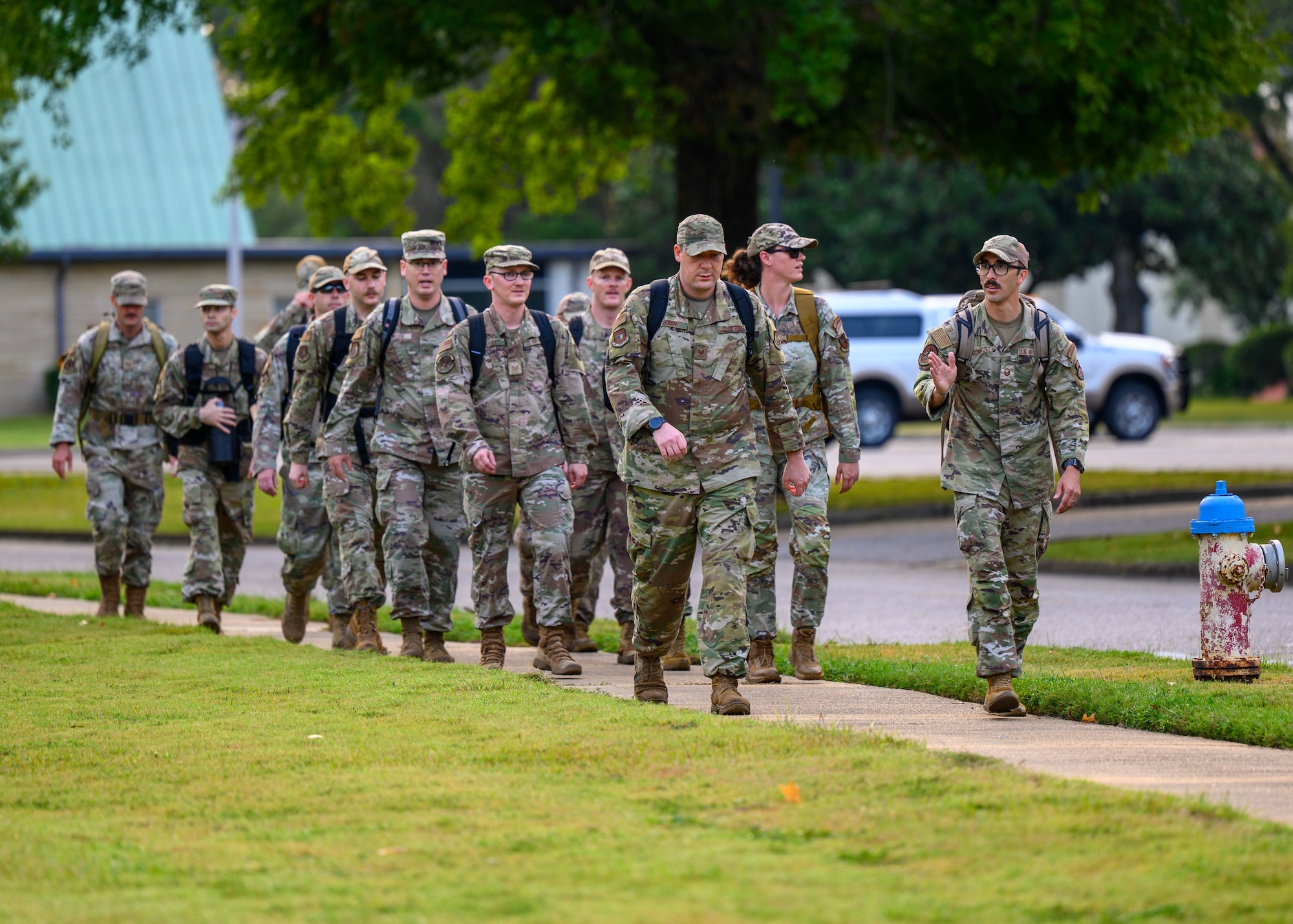 Operation Rooftop students participate in a ruck march at Maxwell Air Force Base, Alabama, Aug. 14, 2025. Operation Rooftop is an immersive course serving as a fundamental step in shaping new senior noncommissioned officers into agile leaders prepared to solve complex problems in a rapidly evolving battlespace. (U.S. Air Force photo by Senior Airman Evan Lichtenhan)