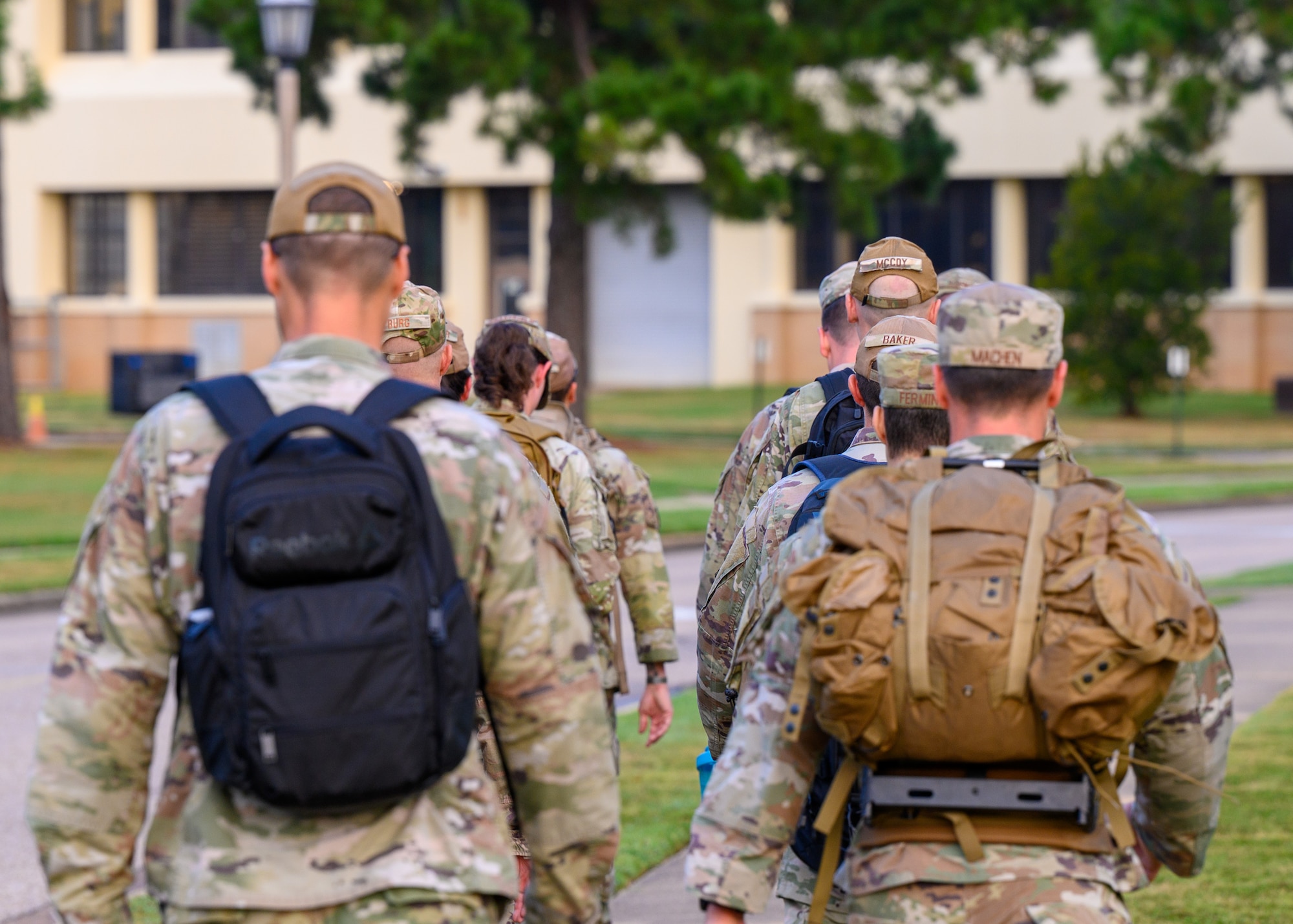 Operation Rooftop students participate in a ruck march at Maxwell Air Force Base, Alabama, Aug. 14, 2025. Operation Rooftop is an immersive course serving as a fundamental step in shaping new senior noncommissioned officers into agile leaders prepared to solve complex problems in a rapidly evolving battlespace. (U.S. Air Force photo by Senior Airman Evan Lichtenhan)