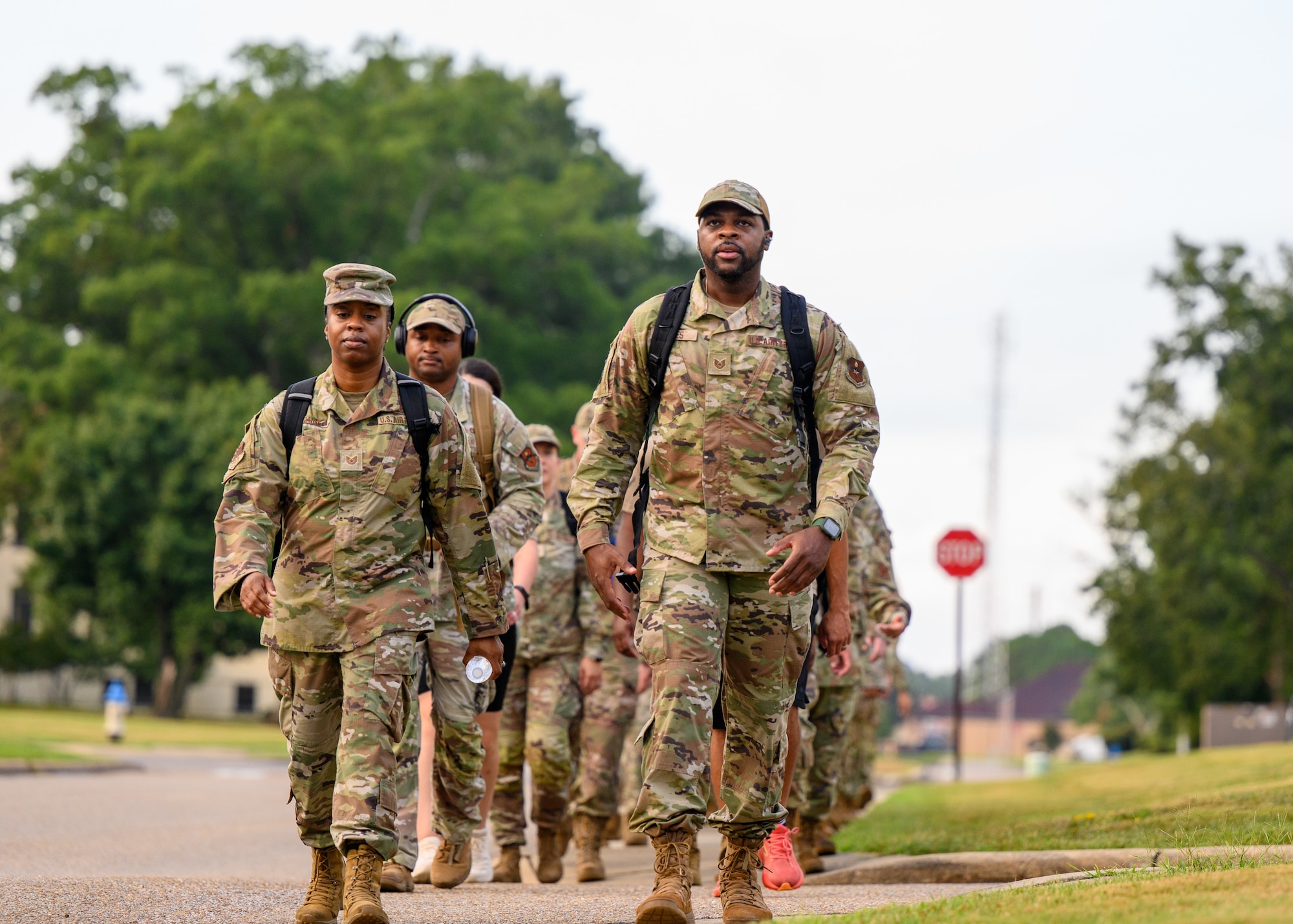 Operation Rooftop students participate in a ruck march at Maxwell Air Force Base, Alabama, Aug. 14, 2025. Operation Rooftop is an immersive course serving as a fundamental step in shaping new senior noncommissioned officers into agile leaders prepared to solve complex problems in a rapidly evolving battlespace. (U.S. Air Force photo by Senior Airman Evan Lichtenhan)