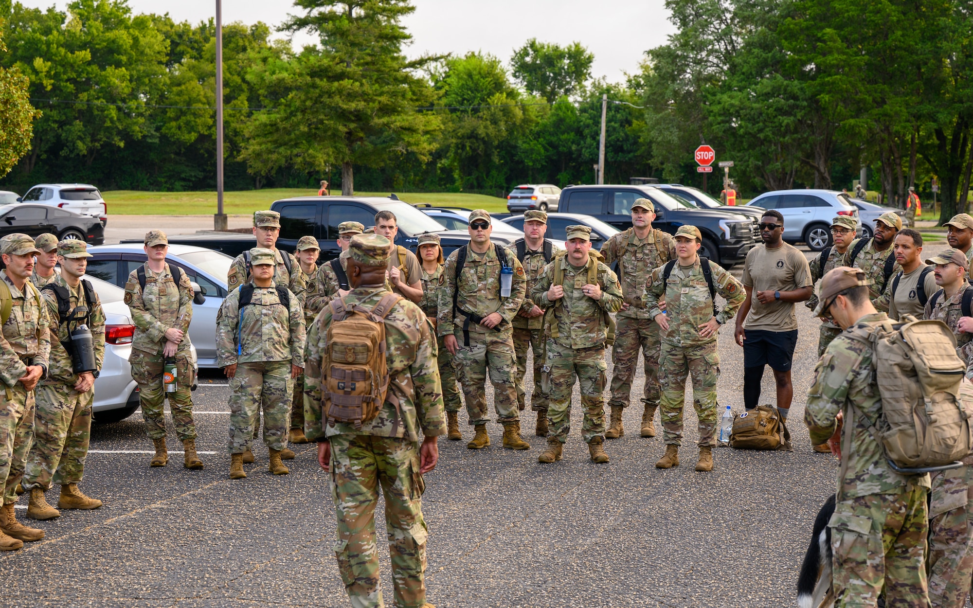 Operation Rooftop students participate in a ruck march at Maxwell Air Force Base, Alabama, Aug. 14, 2025. Operation Rooftop is an immersive course serving as a fundamental step in shaping new senior noncommissioned officers into agile leaders prepared to solve complex problems in a rapidly evolving battlespace. (U.S. Air Force photo by Senior Airman Evan Lichtenhan)