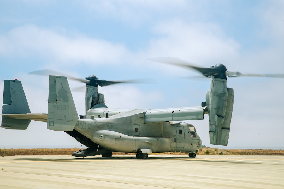 A U.S. Marine Corps MV-22B Osprey attached to Marine Medium Tiltrotor Squadron (VMM) 362, Marine Aircraft Group 16, 3rd Marine Aircraft Wing, lands on an airfield to airlift a communications detachment of Marines assigned to the 15th Marine Expeditionary Unit, I Marine Expeditionary Force, to establish a rapid response communications node during a staff planning exercise at Marine Corps Base Camp Pendleton, California, Aug. 19, 2025.