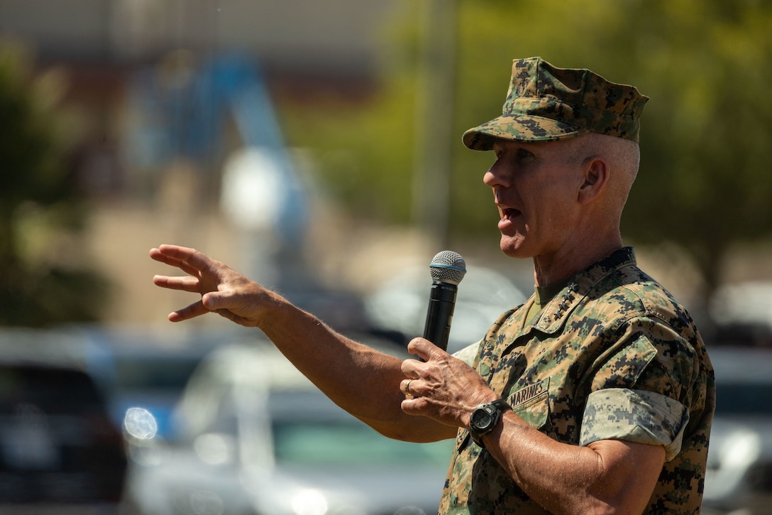 U.S. Marine Corps Gen. Eric M. Smith, the 39th Commandant of the Marine Corps, addresses the audience during the I Marine Expeditionary Force change of command ceremony at Marine Corps Base Camp Pendleton, California, Aug. 21, 2025.