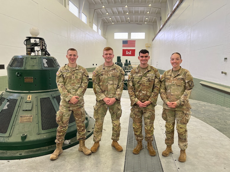 Army Reserve Officers’ Training Corps cadets Gerrard Atkinson, Evan Rice, Brandon Dove and Madelyn Eggers pose for a photo at J. Strom Thurmond Dam in Clarks Hill, S.C., Aug. 11, 2025. The cadets are assigned to the U.S. Army Corps of Engineers, Savannah District, for a summer internship.