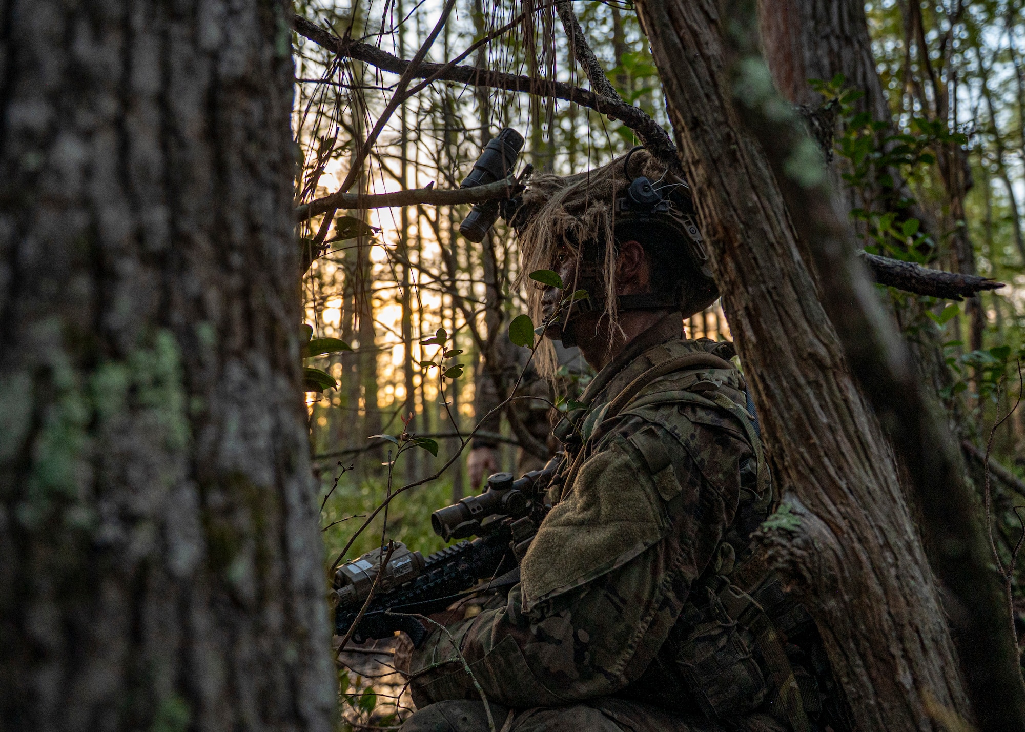 A U.S. Air Force Airman assigned to the 820th Base Defense Group stands watch at Moody Air Force Base, Georgia, Aug. 5, 2025. Airmen conducted training during low-light conditions to practice their ability to perform the mission at anytime and anywhere. (U.S. Air Force photo by Senior Airman Leonid Soubbotine)