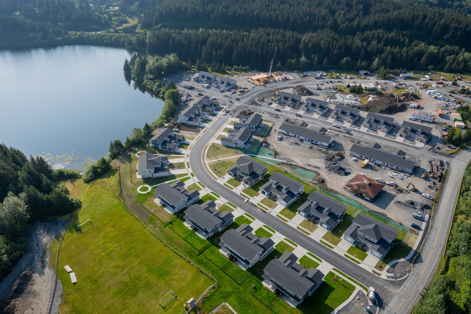 U.S. Coast Guard Base Kodiak continues construction for a new housing project at the Nemetz Park Site, Aug. 23, 2024. Base Kodiak is constructing around 50 units to accomodate 200 service members and their families that will be attached to the polar-class cutters scheduled to commission in Kodiak within the next few years. (U.S. Coast Guard photo by Petty Officer 3rd Class Cameron Snell)