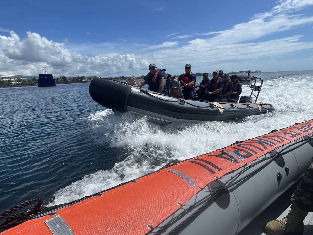 A boat crew comprising Samoan Police Maritime Wing officers, a U.S. Coast Guard Mobile Training Team member, and Operation Ika Moana participants conducts training offshore Apia, Samoa, Aug. 12, 2025. During Operation Ika Moana, participants from Tuvalu, Kiribati, Tonga, Fiji, Vanuatu, and Cook Islands joined together to conduct coordinated patrols, surveillance, joint exercises and crew exchanges. (U.S. Coast Guard photo)