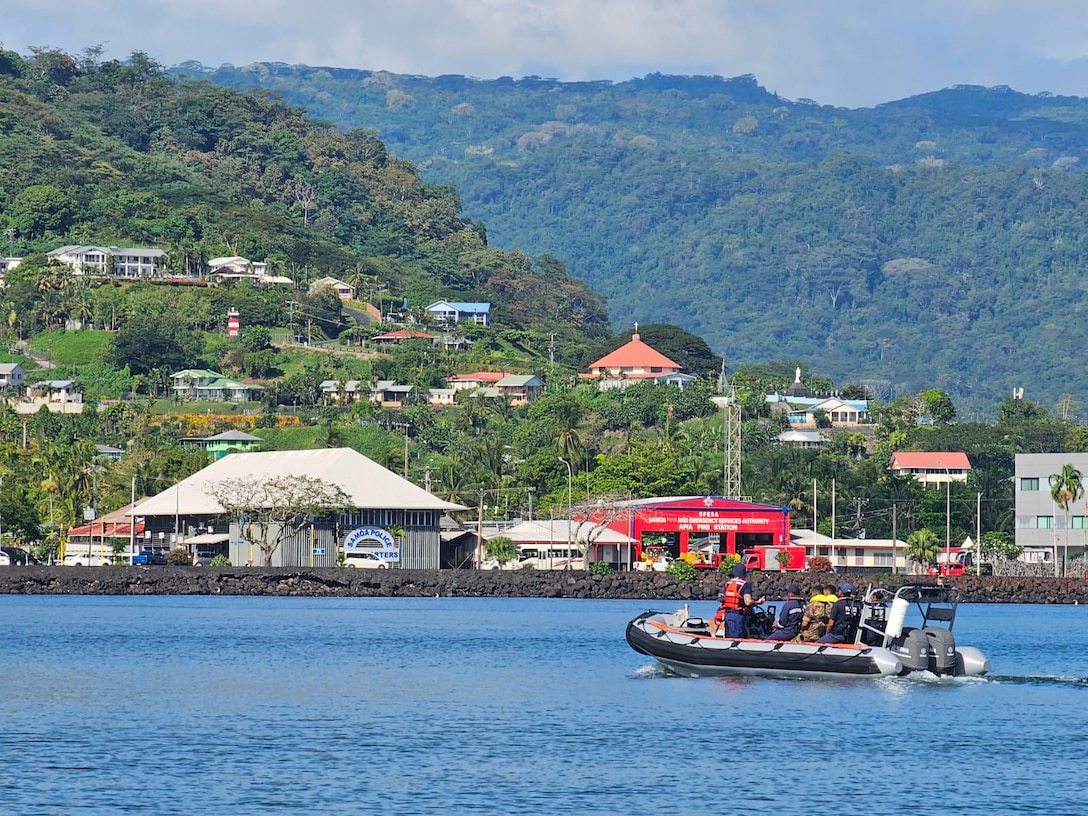 Operation Ika Moana participants approach Samoa Police Headquarters in Apia, Samoa, Aug. 12, 2025. The Samoan Police Maritime Wing hosted Operation Ika Moana, a collaborative maritime surveillance initiative intended to combat illegal, unreported, and unregulated fishing and transnational crimes across Oceania. (U.S. Coast Guard photo)