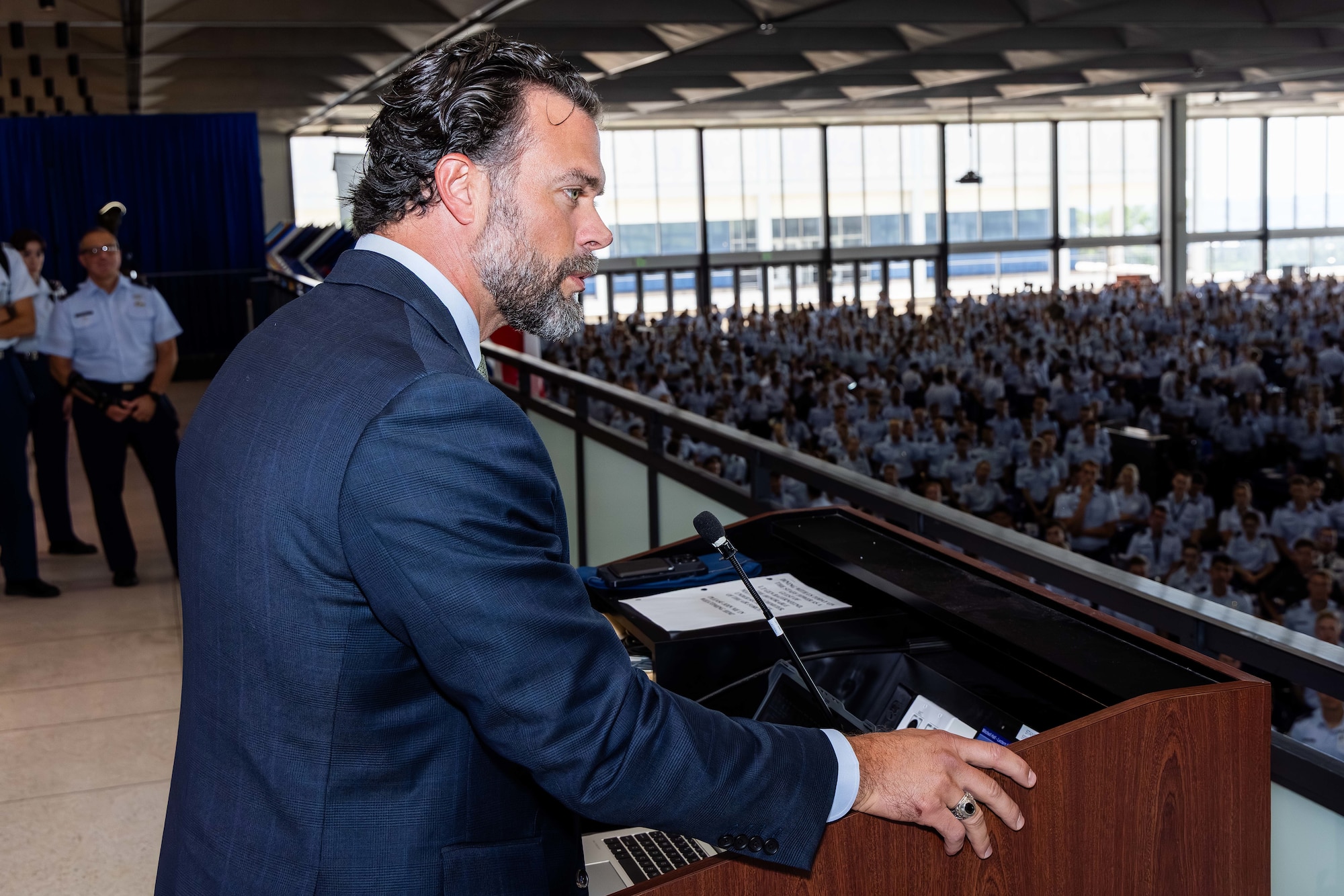 Undersecretary of the Air Force Matthew Lohmeier addresses cadets in Mitchell Hall during his visit to his alma mater, the U.S. Air Force Academy, Colo., Aug. 19, 2025.