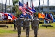 (From left to right) U.S. Army Brig. Gen. George C. Turner, U.S. Army Pacific, Gen. Ronald P. Clark, and Brig. Gen. Thomas E. Burke, salute the flag during the national anthem, Aug. 22, 2025, at Palm Circle on Fort Shafter, Hawaii. The generals were participating in the USARPAC "Flying V" ceremony, which was held to welcome Turner and Burke to the command. (U.S. Army photo by Sgt. Jared Simmons)