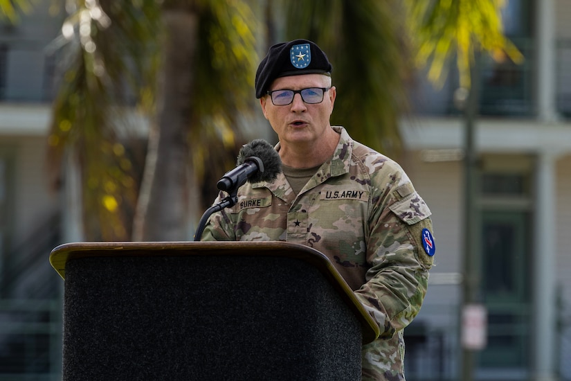U.S. Army Brig. Gen. Thomas E. Burke, the U.S. Army Pacific Chief of Staff, addresses the audience during a "Flying V" ceremony at Fort Shafter, Hawaii, on Aug. 22, 2025. The ceremony was held to honor incoming members of the USARPAC team and welcome Burke, as well as the incoming G3 OIC. (U.S. Army photo by Sgt. Jared Simmons)