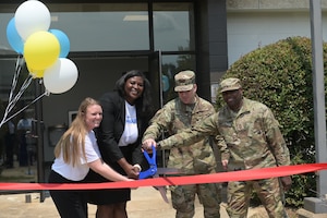 Columbus Air Force Base leaders and Starbase officials cut a ribbon during the grand opening of the Starbase education facility on August 20, 2025 at Columbus Air Force Base, Mississippi.