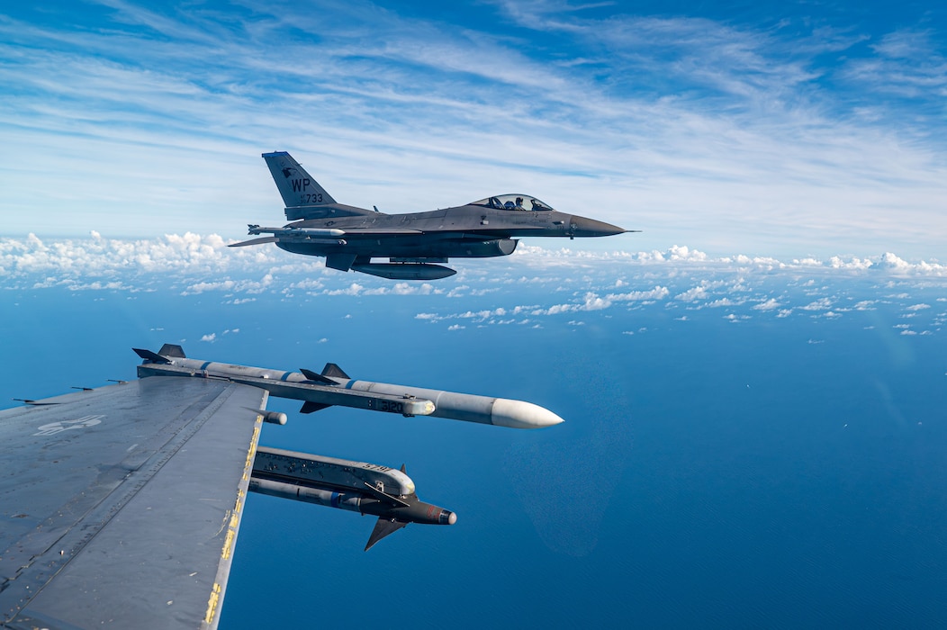 U.S. Air Force Capt. Nicholas Patrick, 35th Fighter Squadron pilot, flies an F-16 Fighting Falcon for a dogfighting training scenario during exercise Ulchi Freedom Shield 25 at Kunsan Air Base, Republic of Korea, Aug. 20, 2025.
