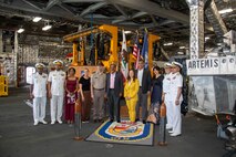 Cmdr. Adam Ochs, commanding officer of the Independence-variant littoral combat ship USS Santa Barbara (LCS 32) poses for a photo with senior Sri Lankan defense officials in the mission bay during a tour, Aug. 16, 2025. Santa Barbara conducted a port visit to Colombo, Sri Lanka while on a rotational deployment to the U.S. 7th Fleet area of operations to strengthen partnerships in the South Asia region. (U.S. Navy photo by Electronics Technician 2nd Class Alexander Klee)