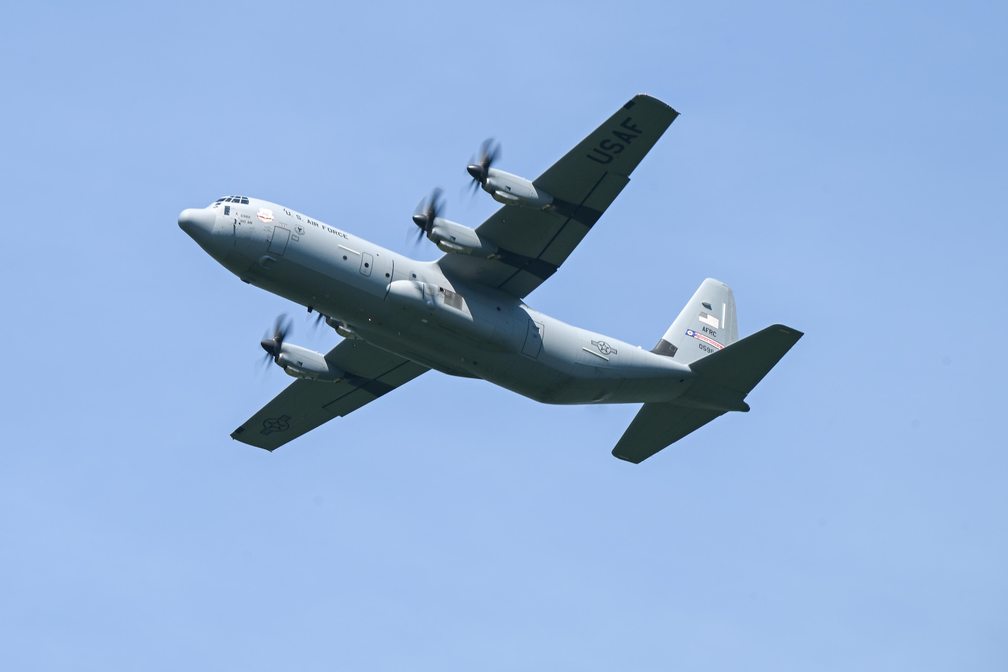 A C-130J Super Hercules from Youngstown Air Reserve Station flies over the Slagle Drop Zone at Camp James A. Garfield Joint Military Training Center, Ohio, during an exercise, July 24, 2025.