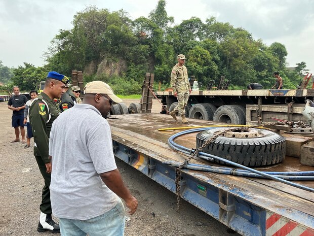 U.S. Army soldiers from 17th Combat Sustainment Support Battalion, 11th Airborne Division, conduct safety inspections alongside TNI partners prior to line haul operations following port operations at the port of Panjang, Indonesia during Super Garuda Shield 25, August 14, 2025.