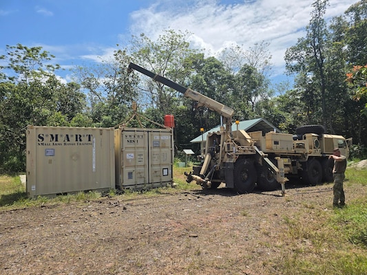 U.S. Army soldiers from 17th Combat Sustainment Support Battalion, 11th Airborne Division, transport containers following line haul operations from the port of Panjang, Indonesia during Super Garuda Shield 25, August 14, 2025.