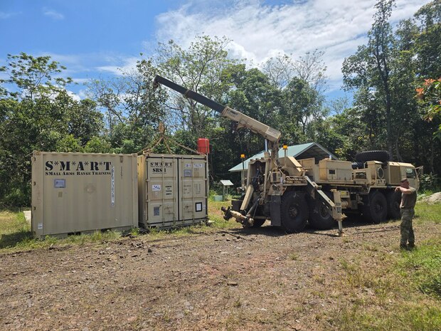 U.S. Army soldiers from 17th Combat Sustainment Support Battalion, 11th Airborne Division, transport containers following line haul operations from the port of Panjang, Indonesia during Super Garuda Shield 25, August 14, 2025.