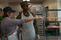 U.S. Marine Corps Pfc. Valdez, a native of Passaic, N.J., and a motor vehicle operator assigned to Special Purpose Marine Air-Ground Task Force-250, receives instructions to package food at Community Servings, a non-profit organization that delivers meals to food-insecure homes in the city, during Marine Week Boston, Aug. 22, 2025. Marines stationed across the globe commemorate the 250th anniversary of the Marine Corps, honoring a distinguished legacy of service, sacrifice, and unwavering fidelity to both the nation and fellow Marines. (U.S. Marine Corps video by LCpl. Matthew McDonnell)